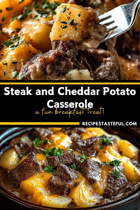 Slow Cooker Steak and Cheddar Potato Casserole is a comforting, hearty dish with tender steak, creamy cheddar cheese, and perfectly cooked potatoes. Easy to make and perfect for busy weeknights! #SteakAndPotatoCasserole #SlowCookerMeals #ComfortFood Slow Cooker Steak And Cheddar Potatoes, Recipe Using Steak, Slow Cooker Steak & Cheddar Potato Casserole, Beef And Mashed Potato Casserole, Diced Steak Recipes Slow Cooker, Chipped Steak Recipes Slow Cooker, One Pot Steak Meals, Crockpot Chuck Steak Recipes, Beef Shoulder Steak Recipes Slow Cooker