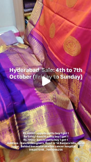 Wedding Sarees | Bridal Silk Sarees | Hyderabad | Bangalore on Instagram: "𝗛𝘆𝗱𝗲𝗿𝗮𝗯𝗮𝗱 𝗦𝗔𝗟𝗘 : Tomorrow starts 4th to 7th October.
Don't miss our combo offers 
Rs 4000/- uppada pattu buy 1 get 1
Rs 5000/- kanchi pattu buy 1 get 1
Rs 7000/- kanchi pattu buy 1 get 1
𝗣𝘂𝗿𝗲 𝘀𝗶𝗹𝗸 𝘀𝗮𝗿𝗲𝗲𝘀 & 𝘄𝗲𝗱𝗱𝗶𝗻𝗴 𝘀𝗮𝗿𝗲𝗲𝘀 𝗮𝘁 💯 𝘄𝗵𝗼𝗹𝗲𝘀𝗮𝗹𝗲 𝗽𝗿𝗶𝗰𝗲𝘀. 𝗛𝘆𝗱𝗲𝗿𝗮𝗯𝗮𝗱 𝗦𝗵𝗼𝗽 : 𝗞𝗮𝗻𝗰𝗵𝗶 𝗗𝗲𝘀𝗶𝗴𝗻𝗲𝗿𝘀 𝟴-𝟮-𝟯𝟭𝟬/𝟯/𝗔/𝟮𝟯, 
𝗡𝗮𝗻𝗱𝗶 𝗡𝗮𝗴𝗮𝗿, 
𝗥𝗼𝗮𝗱 𝗡𝗿 𝟭𝟰 𝗕𝗮𝗻𝗷𝗮𝗿𝗮 𝗛𝗶𝗹𝗹𝘀, 𝗛𝘆𝗱𝗲𝗿𝗮𝗯𝗮𝗱 - 𝟱𝟬𝟬𝟬𝟯𝟰 𝗟𝗮𝗻𝗱𝗺𝗮𝗿𝗸 ;- 𝗕𝗮𝗰𝗸𝘀𝗶𝗱𝗲 𝗼𝗳 𝗕𝗮𝘀𝗮𝘃𝗮𝘁𝗮𝗿𝗮𝗸𝗮𝗿𝗮𝗺 𝗰𝗮𝗻𝗰𝗲𝗿 𝗵𝗼𝘀𝗽𝗶𝘁𝗮𝗹
𝗪𝗵𝗮𝘁𝘀𝗮𝗽𝗽 : 𝟳𝟵𝟴𝟵𝟬𝟰𝟴𝟮𝟱𝟲 ,  𝟵𝟭𝟴𝟮𝟬𝟳𝟱𝟭𝟭𝟴.

𝗪𝗲𝗱𝗱𝗶𝗻𝗴 𝘀𝗮𝗿𝗲𝗲𝘀 𝗳𝗼𝗿 𝗕𝗿𝗶𝗱𝗲 𝗮𝘁 💯 𝗚𝘂𝗮𝗿 Wedding Sarees For Bride, Sarees For Bride, Kanjivaram Pattu Sarees, Pattu Sarees Wedding, Sarees Bridal, Silk Sarees Wedding, Sarees Wedding, Wedding Sarees, Bridal Silk Saree