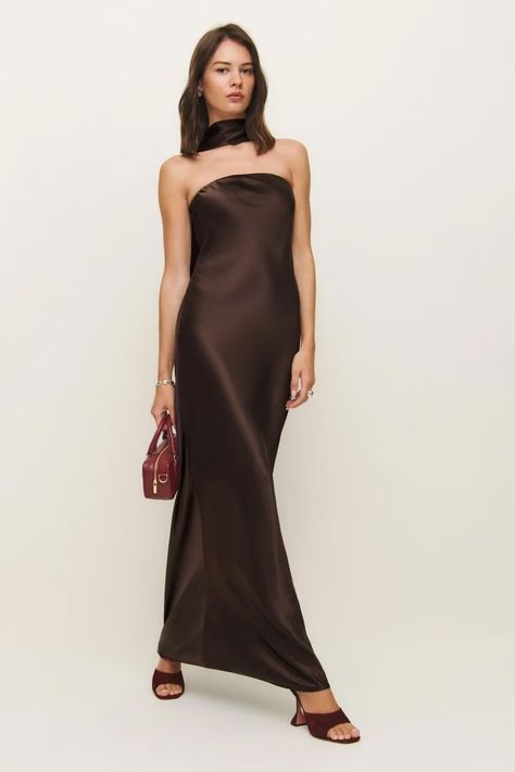 Oren Silk Dress Strapless Dress With Scarf, Dark Brown Bridesmaid Dresses, Best Wedding Guest Dresses, Fall Chic, Work Wear Outfits, Fall Wedding Guest Dress, Elegant Fall, Strapless Midi Dress, Straight Neckline