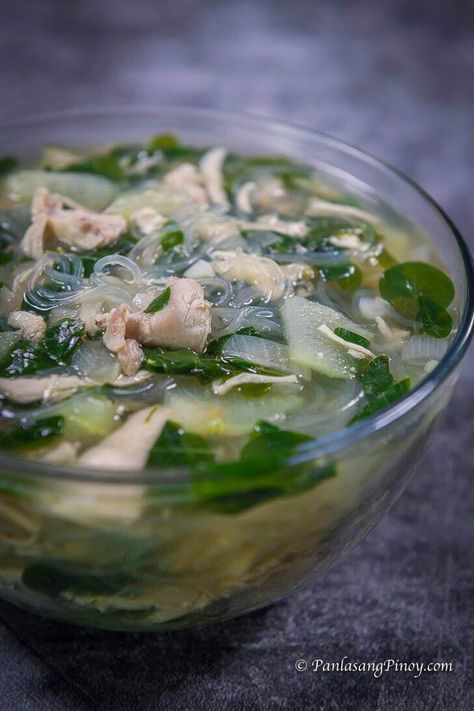 Chicken Sotanghon Soup with Malunggay and Sayote - Panlasang Pinoy Chicken Sotanghon Soup Recipe, Tulingan Recipe, Malunggay Recipe, Chicken Sotanghon, Chicken Sotanghon Soup, Sotanghon Soup, Soup Dish, Delicious Chicken, Chicken Noodle Soup