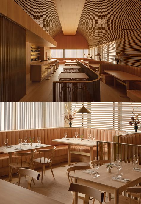 Omar Gandhi Architects’ Toronto restaurant mimics a light-filled wooden cathedral Danish Restaurant Design, Organic Modern Restaurant, Wooden Restaurant Design, Omar Gandhi, Cake Restaurant, Scandinavian Cafe, Kyoto Hotel, Scandinavian Restaurant, Resturant Logo