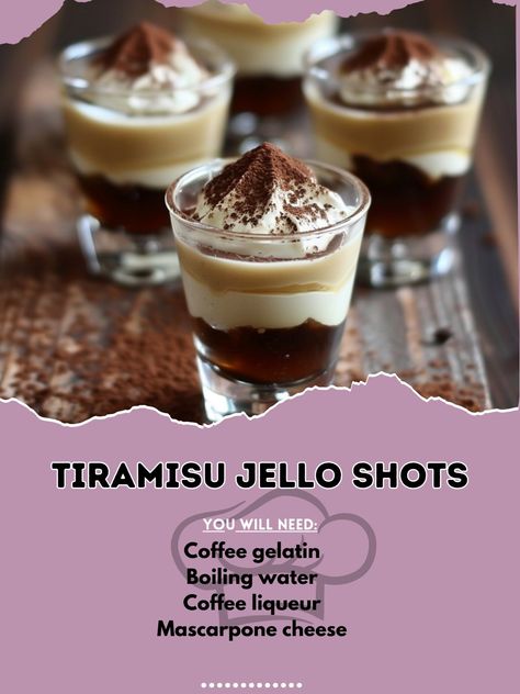 ☕🍰 Delve into the richness of Tiramisu Jello Shots! A dessert turned party starter. #TiramisuTreat Tiramisu Jello Shots Ingredients: Coffee gelatin (1 package) Boiling water (1 cup) Coffee liqueur (1/2 cup) Mascarpone cheese, softened (1/2 cup) Instructions: Dissolve coffee gelatin in boiling water. Whisk in coffee liqueur and mascarpone until smooth. Pour into shot glasses, chill until set. ☕🍫 Embrace the layers of coffee and creamy mascarpone in this unique take on the classic Italian des... Tiramisu Shots Recipe, Tiramisu Shots, Shots Alcohol, Coffee Liqueur, Yummy Alcoholic Drinks, Italian Dessert, Party Starters, Shot Recipes, Mascarpone Cheese