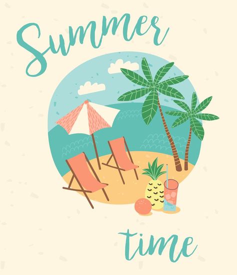 Ilustración de vacaciones de verano. Estilo retro de dibujos animados plana Vacation Illustration, Summer Gif, Summer Banner, Illustration Flat, Illustration Vintage, Happy Summer, Beach Time, Card Illustration, Summer Pictures