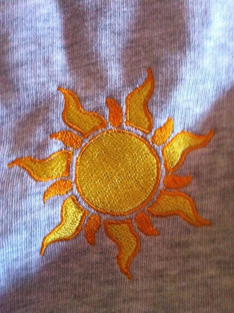 Embroidery Sun Designs, Sun Flower Embroidery Patterns, Embroidery Disney Designs, Disney Embroidery Ideas, Sun Embroidery Design, Sun Embroidery Pattern, Rapunzel Embroidery, Kawaii Embroidery, Rapunzel Sun