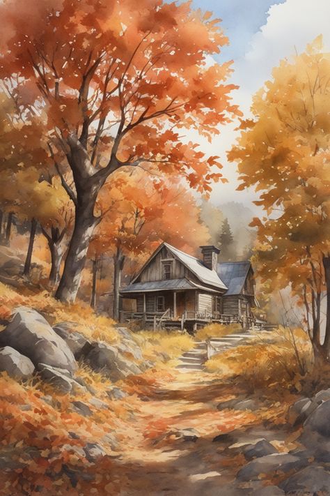 Autumn Forest Painting, Old Homestead, Watercolor House Painting, Autumn Art Print, Farm Paintings, Forest Scenery, Cabin Art, Watercolor Paintings For Beginners, Scenery Pictures