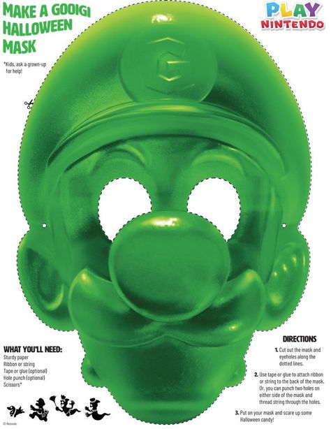 Printable Gooigi Halloween Mask Luigi's Mansion 3 - Play Nintendo. Gooigi Costume, Luigi Haunted Mansion Party, Luigis Mansion Costume, Luigi Mansion Party Ideas, Luigis Haunted Mansion Birthday, Luigis Mansion 3 Party, Luigi’s Mansion Party, Luigi’s Mansion Birthday Party, Luigis Mansion Birthday Party