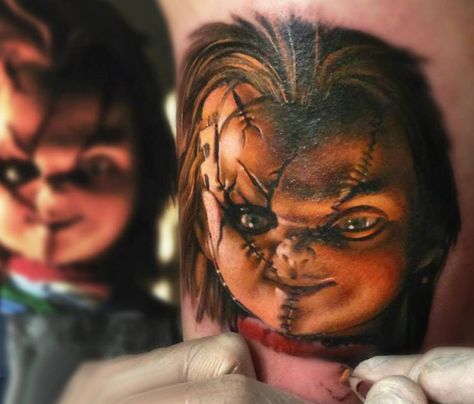 Chaki tattoo by Sergey Shanko Chucky Tattoos, Chucky Tattoo, Culture Tattoos, Knife Tattoo, Doll Tattoo, Movie Tattoos, Chucky Doll, Geniale Tattoos, Cool Tattoos For Guys