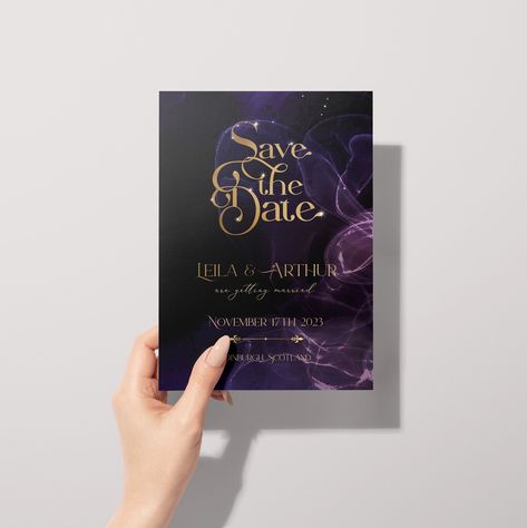 Purple and Gold Save the Date, Fairytale Wedding, Deep Violet Watercolor and Gold, Dark Magenta Invite, Moody Renaissance Theme, Amethyst Violet Watercolor, Star Pendant Lighting, Gold Save The Dates, Dark Color Palette, Amethyst Wedding, Enchanted Forest Wedding, Moon Wedding, Dark Magenta, Fantasy Wedding