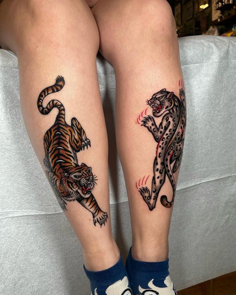 Fresh leopard to go with the healed tiger. Thanks Cindy! Made at @rosetattoosandiego 🌹 #tattoo #traditionaltattoo #americantraditional #sandiegotattooartist #sandiegotattoo Traditional Cheetah Tattoo, Tiger Shin Tattoo, Leopard Knee Tattoo, American Traditional Leopard Tattoo, Tiger Tattoo Traditional, Trad Tiger Tattoo, Traditional Leopard Tattoo, Traditional Tiger Knee Tattoo, Leopard Tattoo