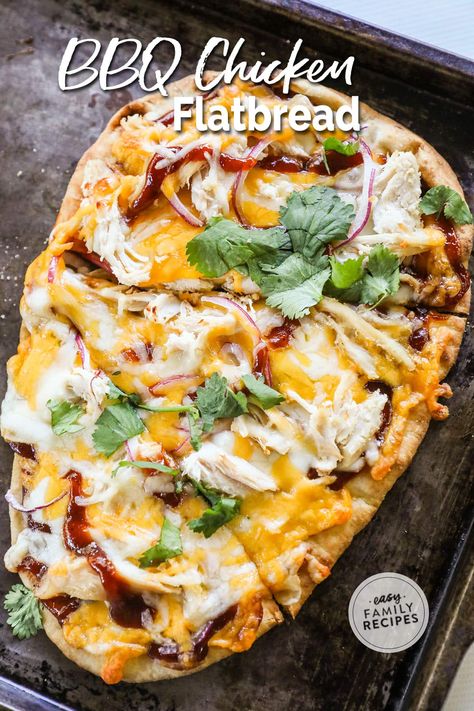 This BBQ Chicken Flatbread Pizza is a delicious twist for pizza night! This Easy BBQ Chicken Flatbread is made with naan, or the flatbread of your choice, smothered with BBQ sauce, then topped with shredded chicken, red onion, mozzarella, and cheddar cheese. Enjoy this BBQ Chicken Flatbread Naan as a simple personal-sized pizza or make extra to serve a crowd. This BBQ Chicken Flatbread Pizza Recipe is a hit with everyone. Bbq Flatbread Pizza, Flatbread Pizza Recipes Chicken, Barbecue Chicken Flatbread, Bbq Chicken Flatbread Pizza, Bbq Flatbread, Chicken Flatbread Recipes, Flatbread Toppings, Bbq Grilled Chicken Recipes, Flatbread Pizza Recipe