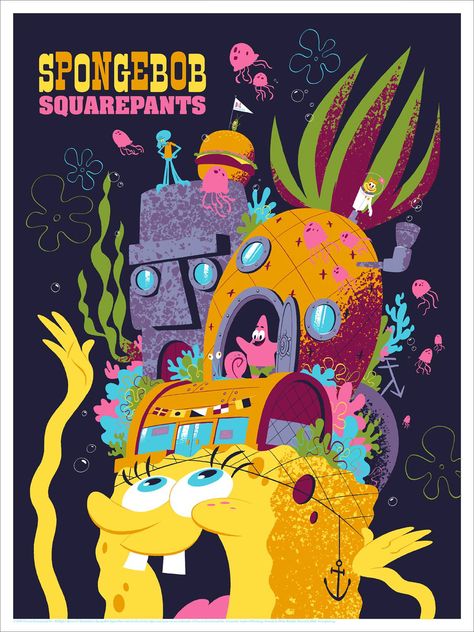 SpongeBob SquarePants Poster by Drake Brodahl from Mondo (Onsale Info) Spongebob Poster, Spongebob Friends, Spongebob Square, 동화 삽화, Spongebob Wallpaper, Disney Posters, Cartoon Posters, Spongebob Squarepants, New Releases