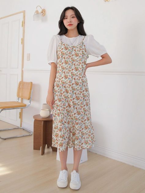 DAZY Puff Sleeve Top & Ditsy Floral Ruffle Hem Cami Dress | SHEIN USA Floral Dress Layering, Cami Dress With Cardigan, Pinafore Dress Women, Floral Western Dresses, Tshirt With Dress Outfit, Ditsy Outfits, Korean Dress Outfit Casual, Short Floral Dress Outfit, Cute Shein Dresses