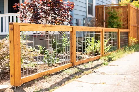 The Deschutes decorative hog wire fence looks equally great in the front yard or the garden. Crafted from Western Red Cedar and steel hogwire panels, this Hog Panel Fencing, Hog Wire Fence, Cedar Wood Fence, Panel Fence, Easy Fence, Cedar Posts, Fence Styles, Front Yard Fence, Cedar Fence