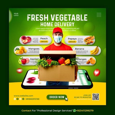 Grocery Social Media Post Design, Grocery Delivery Flyer, Online Order Design, Delivery Instagram Post, Online Food Delivery Poster, Online Delivery Creative Ads, Supermarket Social Media Design, Online Grocery Ads, Delivery Social Media Design