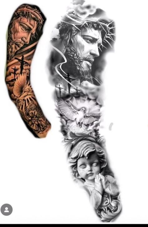 Full Arm Sleeve Tattoos For Guys, Full Arm Tattoo Men Design Inspiration, Sto Nino Tattoo, God Sleeve Tattoos For Men, 70x7 Forgiveness Tattoo, Roman Sleeve Tattoo, God Tattoo Sleeve, Men Full Sleeve Tattoo, Negative Shading Tattoo