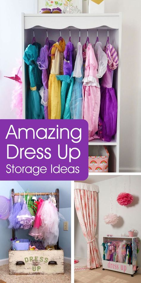 These amazing dress up storage ideas are ingenious ways to organize your kids’ dress up outfits and accessories. Organizing your dress up can be just as fun as dressing up! Dress Storage Ideas, Dress Up Storage Ideas, Dress Up Corner, Dress Up Area, Dress Up Wardrobe, Dress Up Stations, Toy Rotation, Toddler Dress Up, Dress Up Closet