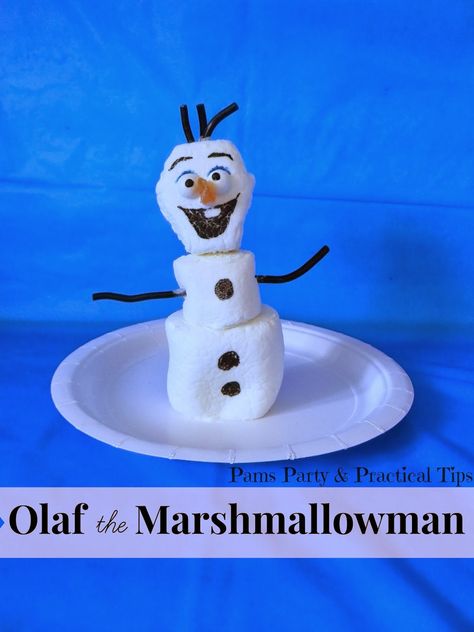 Olaf the Snowman made from marshmallows via Pams Party and Practical Tips Frozen Marshmallow, Olaf Marshmallow, Frozen Party Food, Frozen Themed Party, Chocolate Drawing, Olaf Party, Frozen Snowman, Frozen Bday Party, Snowman Party