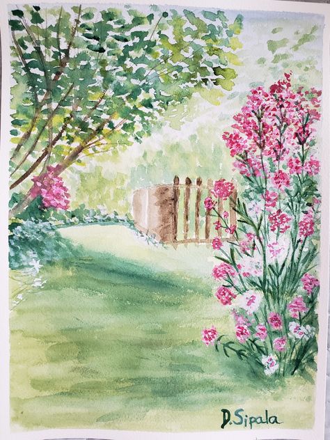 Spring Landscape Watercolor, Watercolor Garden Paintings Easy, Watercolor Spring, Watercolour Spring Landscape, Watercolor Anniversary Card, Flower Meadow Watercolor, Rose Garden Watercolor, Spring Drawing, Photo Frame Crafts