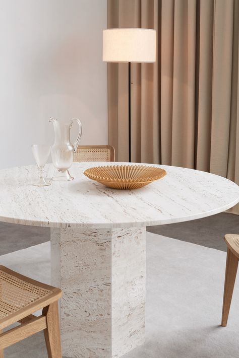 Shop suiteny.com for the Epic dining table by GamFratesi. Named after the epic poems of anient times, GamFratesi's Epic Table is a sculptural piece of furniture inspired by Greek columns and Roman architecture. Ceramic Round Table, Luxurious Dining Table, Interior Boho, Greek Columns, Marble Dining Table, Steel Plates, Roman Architecture, Travertine Stone, Table Round