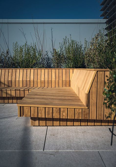 Terrace Furniture - Rooftop Bench - Johnson Bespoke . Head to our website to see the full project! #terracefurniture #terracedesign #gardenbench #luxury #wood Custom Bench Seating, Terrace Furniture, Side Return, Marble Arch, Timber Furniture, London Skyline, Terrace Design, Roof Terrace, Rooftop Terrace