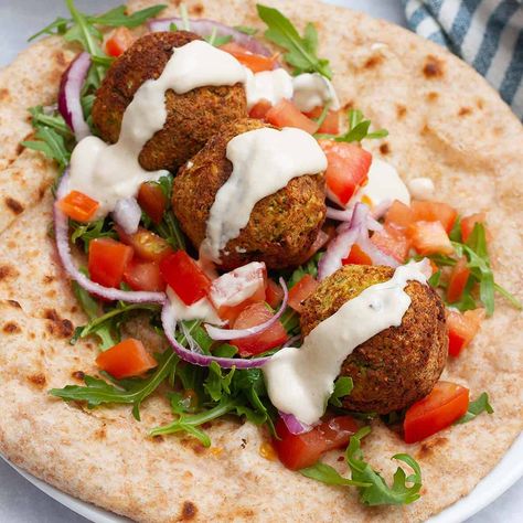 Falafel Gyro, Gluten Free Falafel, Wood Fired Oven Recipes, Falafel Balls, Gluten Free Hummus, Gluten Free Flatbread, Atlanta Food, Greek Potatoes, Healthy Bowls Recipes