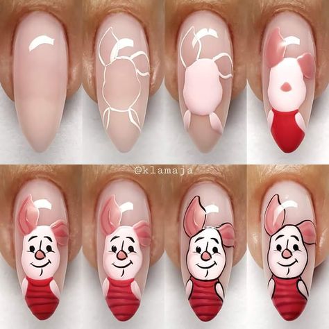 Whinney Pooh Nails, Piglet Nail Art, Character Nail Art Step By Step, Easter Nails Designs, Brown Nail Designs, Cartoon Nail Designs, Animal Nail Designs, Disney Acrylic Nails, Summer Nails Art