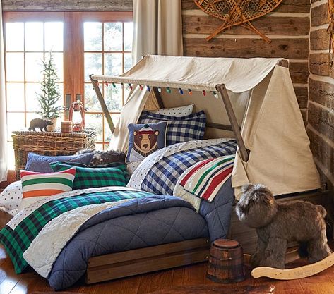 Wyatt Trundle Platform Bed & Canopy | Pottery Barn Kids Cabin Theme Bedroom, Camping Bedroom Decor, Cabin Themed Bedroom, Camping Theme Bedroom, Camping Bedroom, Camping Room, Cabin Theme, Toddler Boy Room Decor, Cabin Bedroom