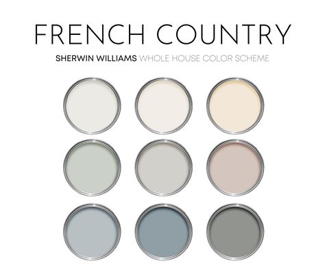 French Country Sherwin Williams Paint Palette, Paint Colors for Home, Cottage Neutrals, Whole House Color Scheme, Sea Salt - Etsy New Zealand Light Farmhouse Paint Colors, French Country Color Schemes, Country Color Scheme, French Country Paint Colors, Whole House Color Scheme, Country Paint Colors, French Country Color Palette, Neutral Interior Paint Colors, Farmhouse Paint Colors Interior