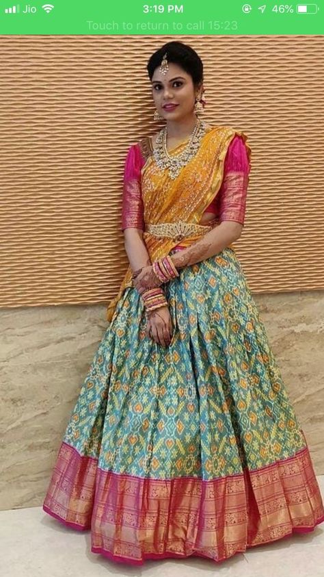 Pink Half Sarees, Half Saree Function, Ikkat Dresses, Lehenga Saree Design, Half Saree Lehenga, Indian Outfits Lehenga, Saree Blouse Neck Designs, Lehnga Dress, Lehenga Blouse Designs