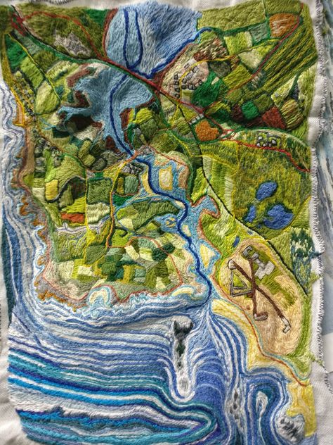 Aerial view. Textile Landscapes, Landscape Aerial View, Aerial Landscape Embroidery, Embroidery Map, Textile Art Embroidery Landscape Scene, Fabric Landscapes Textile Artists, Map Quilt, Landscape Art Quilts, Aerial Arts