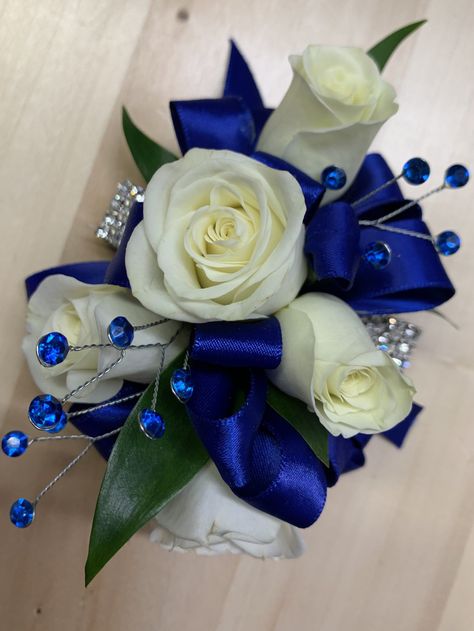 Royal Blue Corsage, White Wrist Corsage, Hoco Flowers, White Dendrobium Orchids, Blue Corsage, White Corsage, Blue Boutonniere, Cute Prom Proposals, Homecoming Corsage