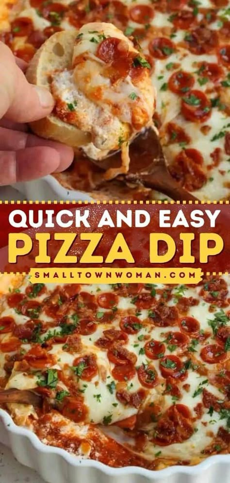 Whip up this hot pizza dip on Super Bowl Sunday! Made with pepperoni, bacon, and cheesy goodness, this game day recipe is always a hit. Check out what you can serve with this football appetizer! Easy Pizza Dip, Hot Pizza Dip, Pizza Dip Recipes, Pepperoni Pizza Dip, Hot Pizza, Small Town Woman, Dips Party, Football Appetizers, Cheese Mozzarella