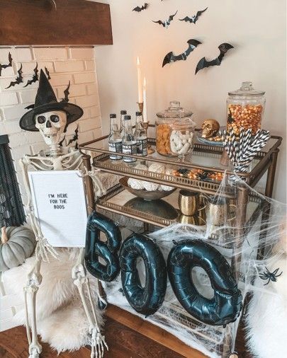 Porta Halloween, Halloween Bar Cart, Halloween Candy Bar, Halloween Bar, Cella Jane, Casa Halloween, Boho Halloween, Bar Cart Styling, Halloween Traditions