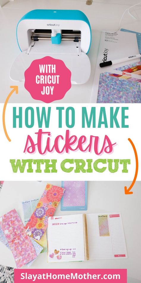 Learn how to make stickers with your Cricut Joy - without using the Print Then Cut feature (which isn't compatible with Cricut Joy!). This tutorial has helpful step-by-step instructions and detailed Design Space screenshots to help you make your own planner stickers. #cricutmade #cricutjoy #slayathomemother #cricutcrafts #plannerstickers *shoppable affiliate links added to this pin. Making Stickers With Cricut Joy, Cricut Joy Marker Projects, Making Stencils With Cricut Joy, Cricut Joy Party Favors, Stickers Cricut Joy, Cricut Joy Craft Ideas, Cricut Projects Beginner Stickers, Cricut Joy Decorate Machine Ideas, Cricut Joy Stickers How To Make