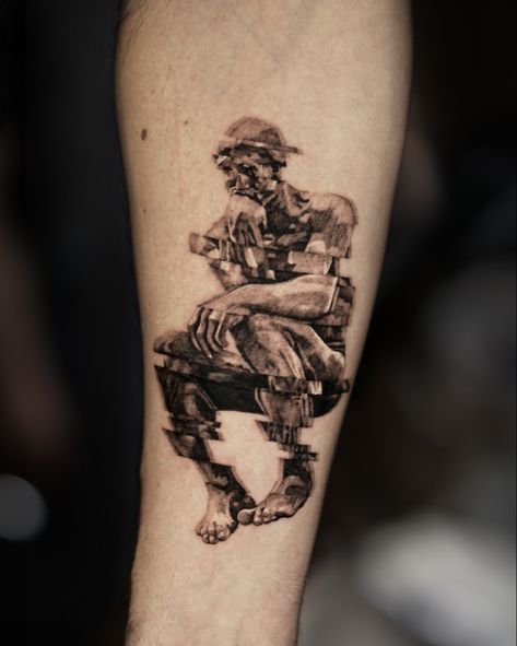 #smalltattoo #sculpture #glitch #tattoos Glitchy Tattoos, The Thinker Tattoo, Over Thinker Tattoo, Overthinker Tattoo Ideas, Glitch Tattoo Design, Thinker Tattoo, Thinking Man Statue, Glitch Tattoo, Nepal Tattoo