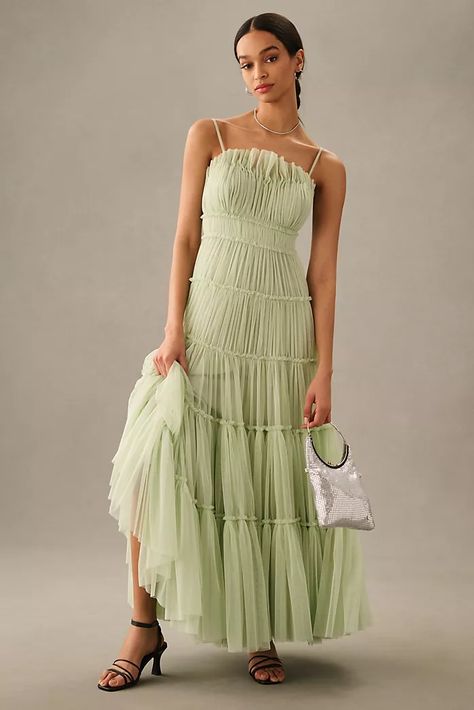 Tiered Tulle Dress, Wedding Guest Outfit Inspiration, Spring Wedding Guest, Garden Party Dress, Green Bridesmaid, Guest Attire, Embellished Gown, Green Bridesmaid Dresses, Wedding Attire Guest