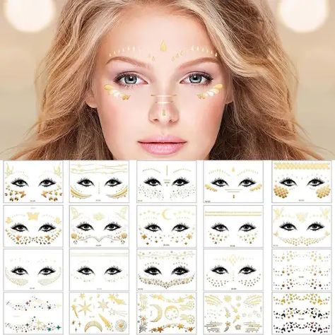 Temu | Explore the Latest Clothing, Beauty, Home, Jewelry & More Simple Henna Patterns, Metallic Temporary Tattoo, Girl Halloween Makeup, Tattooed Freckles, Sticker Face, Gold Makeup Looks, Metallic Tattoo Temporary, Party Eyes, Dancer Costume