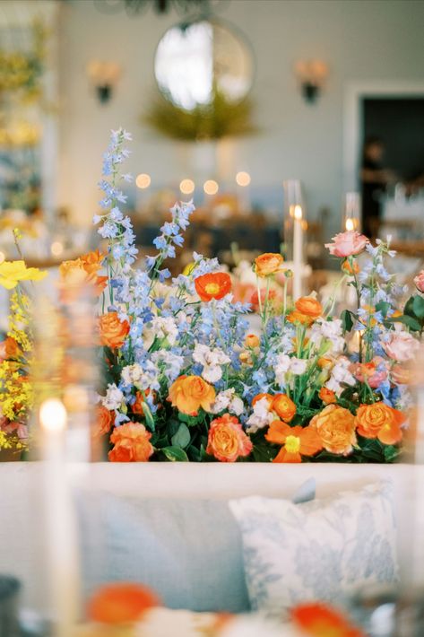 Bright Garden Party Wedding, Orange And Blue Flower Arrangements, Citrus And Blue Wedding, Vivid Fall Wedding, Light Blue And Orange Wedding, Vibrant Wedding Decor, Orange And Blue Wedding Colors, Summer Wedding Orange, Citrus Wedding Decor