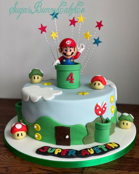 Cake For 4 Year Boy, Simple Mario Cake, Mario Cake Ideas, Super Mario Birthday Cake, Mario Birthday Cake, Mario Bros Cake, Sonic Cake, Super Mario Bros Birthday Party, Super Mario Cake