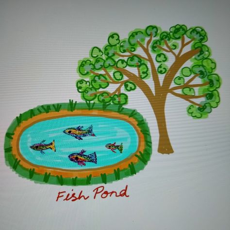 Drawing of fish pond for kids. Pond Drawing Easy, Fish Pond Drawing, Drawing Of Fish, Pond Drawing, Fish Drawings, Fish Pond, Drawing Easy, A Circle, Easy Drawings