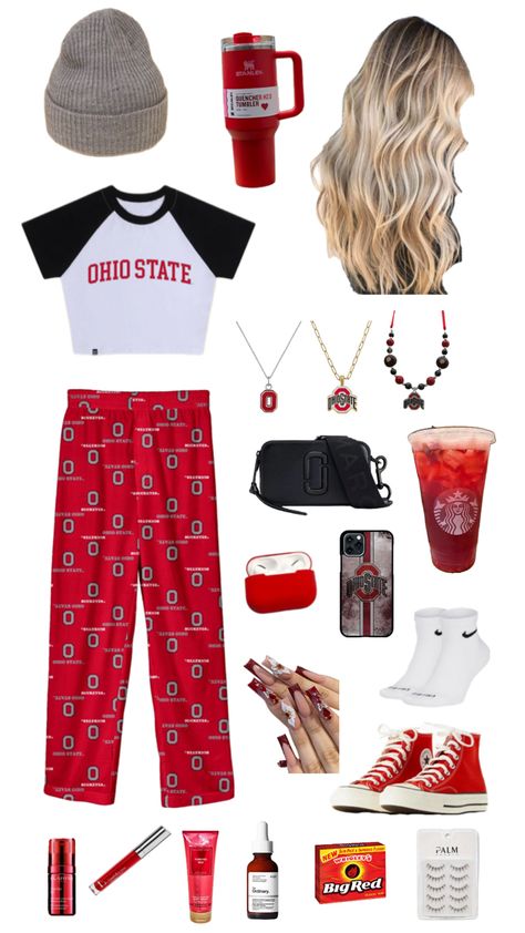 An Ohio State crop top shirt with black sleeves, paired with an OSU block O pj pants and a grey loose beanie, with blonde wavy hair, and a pair of red converse and nails. Loose Beanie, Blonde Wavy Hair, University Outfit, Crop Top Shirt, Red Converse, Black Sleeves, Ohio State University, Pj Pants, Crop Top Shirts