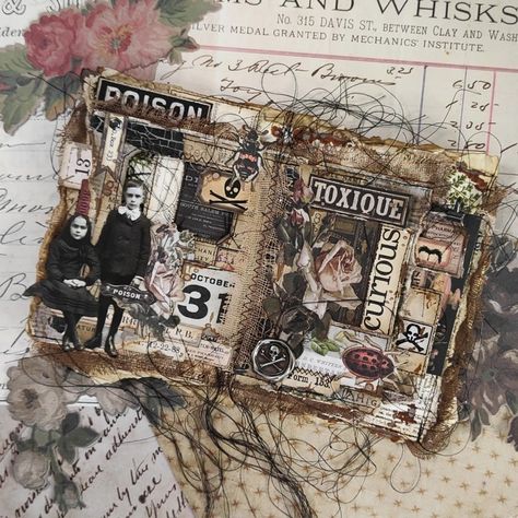 Tim Holtz Junk Journals, Halloween Art Journal Pages, Mixed Media Halloween, Tim Holtz Ideaology Projects, Junk Journal Halloween, Halloween Journal Pages, Halloween Junk Journal Ideas, Halloween Journal Ideas, Halloween Art Journal