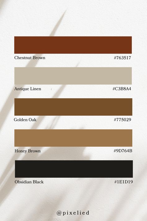 A warm and earthy palette: Chestnut Brown offers a rich, deep brown reminiscent of chestnuts. Antique Linen brings a soft, muted beige for a timeless touch. Golden Oak adds a warm, golden brown evoking aged wood. Honey Brown introduces a cozy, amber-brown hue. Obsidian Black rounds out the collection with a dark, intense black for contrast. Brown Beige Interior, Brown Black Cream Color Palette, Brown Contrast Color Schemes, Earth Tone Living Room, Color Scheme Generator, Earth Colour Palette, Tone Color Palette, Earth Tone Color Palette, Color Generator