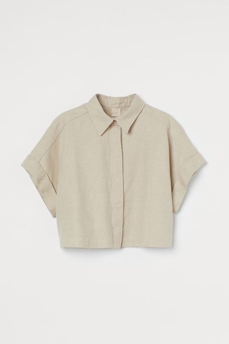 Cropped Linen Blend Shirt - Light beige - Ladies | H&M AU Oversized Checked Shirt, Lady Grey, April 22, Crop Blouse, Check Shirt, Wide Sleeves, Royal Fashion, Crop Shirt, Light Beige