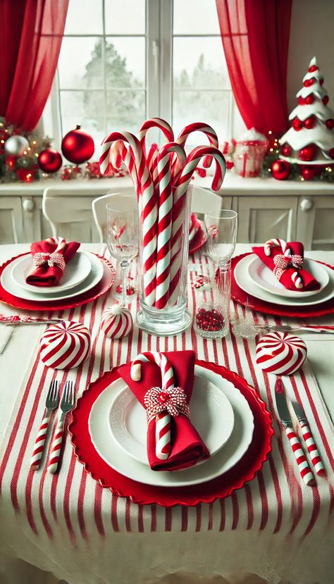 🎄 21 Stunning Christmas Table Decoration Ideas You Must Try This Holiday Season 🎅✨ Red White Christmas Tablescape, Red And White Christmas Decor Table Centerpieces, Red And White Table Setting, Cane Kitchen, Christmas Inn, Candy Cane Christmas Decorations, Ranch Christmas, Cane Decorations, Theme Tree