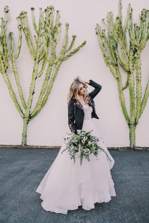 Combat Boots With Wedding Dress, Black Top White Skirt Wedding Dress, Dress With Biker Jacket, White Dress Black Leather Jacket, Wedding Dress With Leather Jacket, Wedding Dress Leather Jacket, Leather Jacket Wedding Dress, White Anemone Bouquet, Rocker Wedding