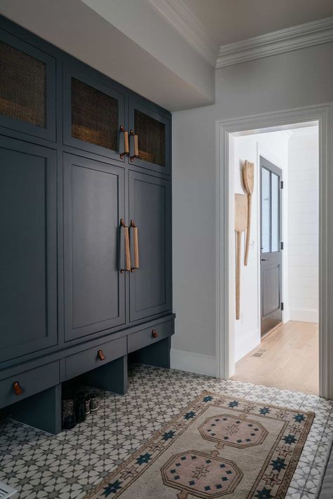 Blue Mudroom Lockers, Blue Mudroom, Beadboard Trim, Studio Remodel, New England Style Homes, Mansion Homes, Interesting Doors, Cozy Sitting Area, Kate Marker Interiors