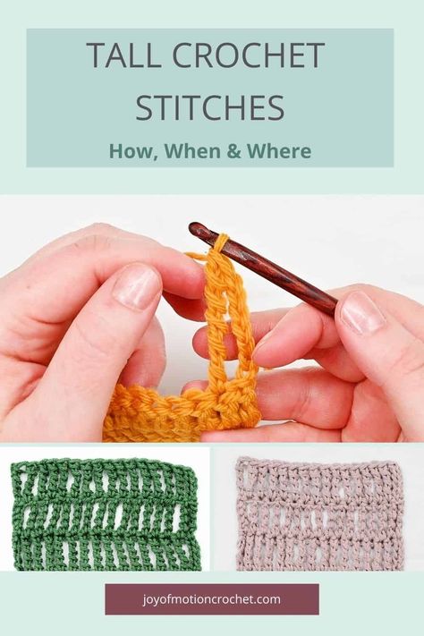 Tall crochet stitches are great crochet stitches that don't get used often enough. They are stitches that are taller than the standard single crochet, double crochet or treble crochet stitches. rnLearning how to crochet tall stitches can be a bit intimidating at first, but with practice, it can become second nature. rnrnBelow you can find resources to get you started with tall stitches, including photo & video tutorials, and patterns. Double Treble Crochet Stitch, Treble Crochet, Extra Yarn, Crochet Abbreviations, Crochet Tips, Treble Crochet Stitch, Crochet Stitches Video, Crochet Things, Crochet Stitches Tutorial