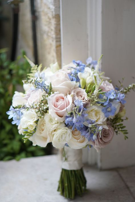 Blush And Blue Wedding Bouquet, White Blush And Blue Bridal Bouquet, Light Blue And Pink Wedding Bouquet, Summer Wedding Centerpieces Diy Elegant, Pink White And Blue Bridal Bouquet, Pink Blue And White Flower Arrangements, Blue Pink White Flower Bouquet, Pink White Blue Flowers, Powder Blue And Blush Pink Wedding