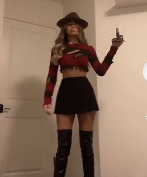 Female Custome Ideas, Halloween Costumes With Black Mini Skirt, Freddy Krueger Female Costume, Slasher Costumes Women, Freddy Cougar Costume Women, Halloween Costume Black Skirt, Halloween Costumes With Skirts, Halloween Costume Horror Movie, Black Mini Skirt Halloween Costume